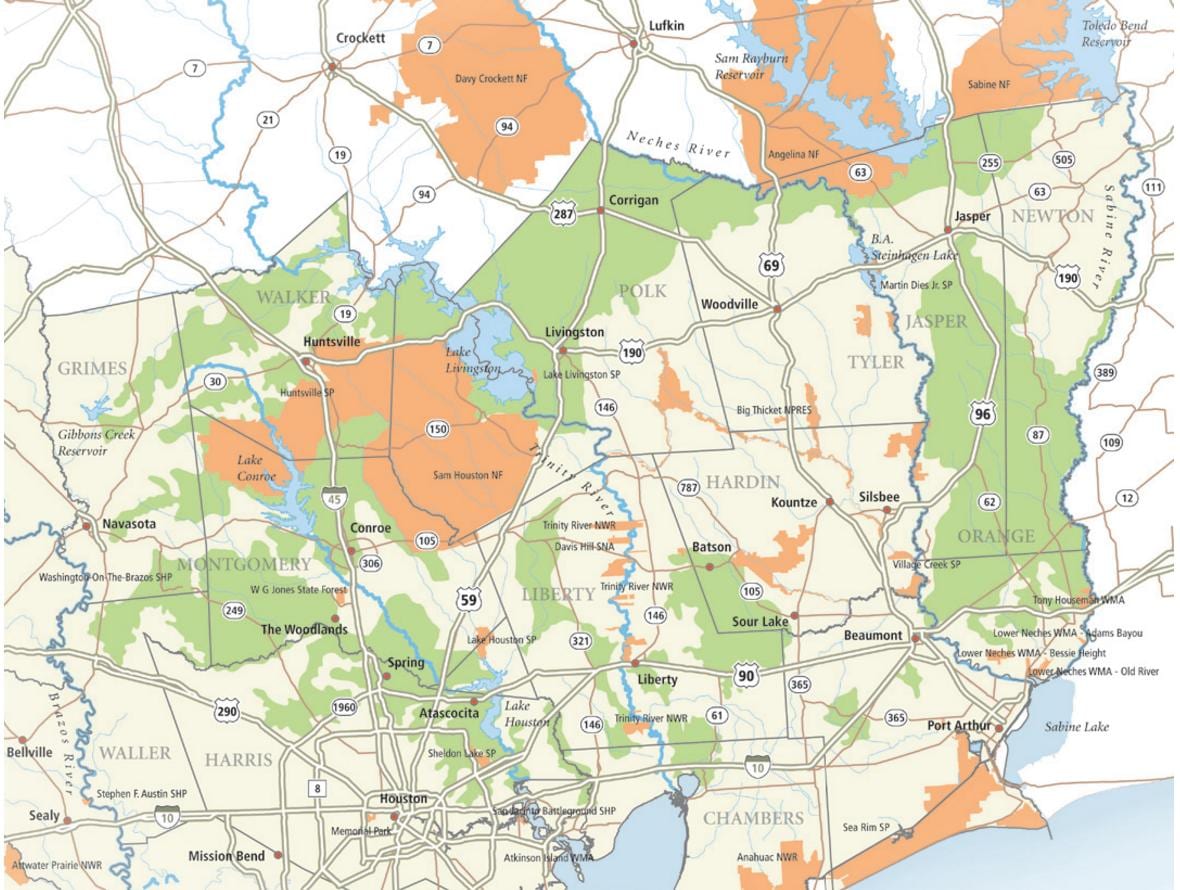 mapa sam Houston národné lesnícke